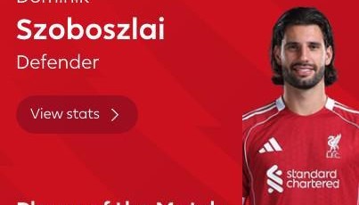 kaiyun-任意球破门，索博斯洛伊当选利物浦vs热刺全场最佳球员